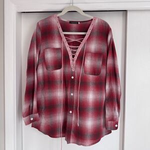 Yidarton Shirt Women XL Red Plaid Flannel Lace up Long Sleeve Sexy EUC